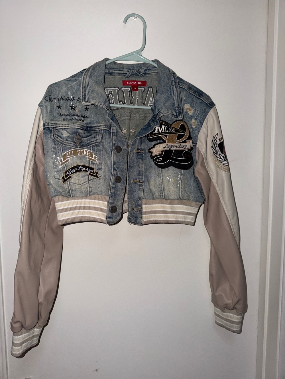 Patchwork Denim Varsity Jacket with Beige Sleeves